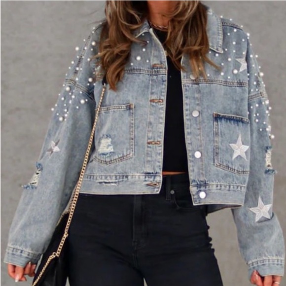 Vici Pearl and Embroidered North Star Distressed Denim Blue Jean Jacket New - Picture 4 of 13